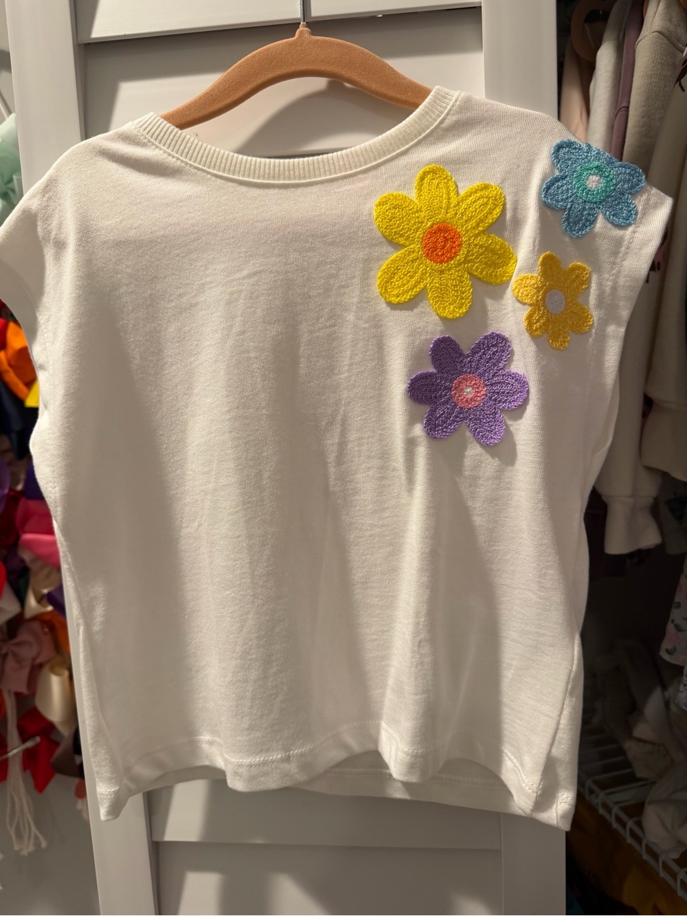 Zara White Tee with Colorful Floral Appliqués